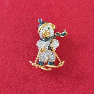 Swarovski Pave Signed Gold and Blue Rhinestone Bear Skiing Brooch Collection